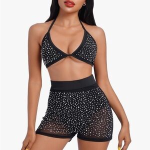Black Rhinestone Mesh Two-Piece Bikini Set